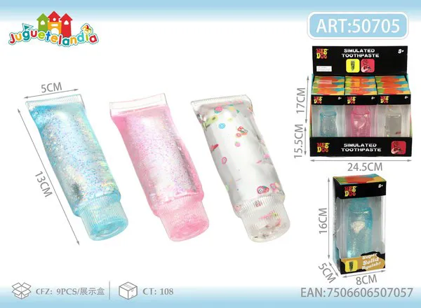 Juguete antiestrés squishy en forma de pasta dental con brillantina