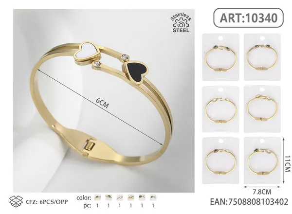 Brazalete de acero inoxidable dorado con corazones en negro y blanco y cristales para mujer