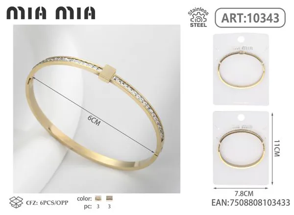 Brazalete de acero inoxidable con hilera de cristales y cierre de bisagra para mujer