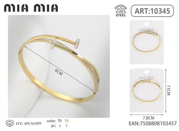 Brazalete de acero inoxidable de 3 líneas con cristales estilo clavo para mujer