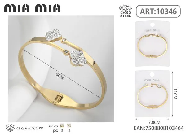 Brazalete de acero inoxidable con dos dijes de cristales pavé para mujer