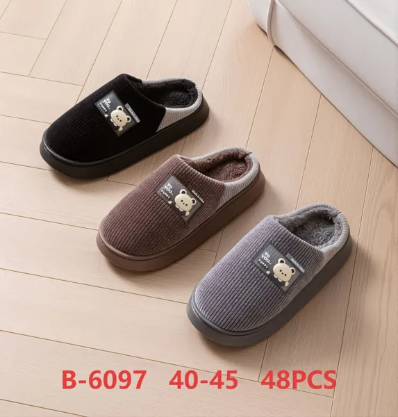 Pantuflas de pana con osito y forro afelpado para hombre