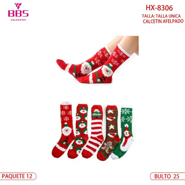 Calcetas largas afelpadas navideñas con Santa y copos de nieve, 12 pares