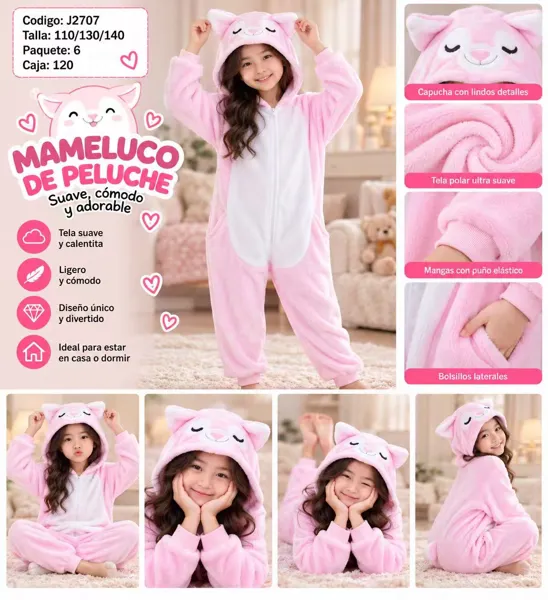 Mameluco de peluche de gatito con capucha para niñas