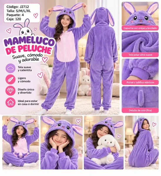 Mameluco de peluche de conejo con capucha para niñas