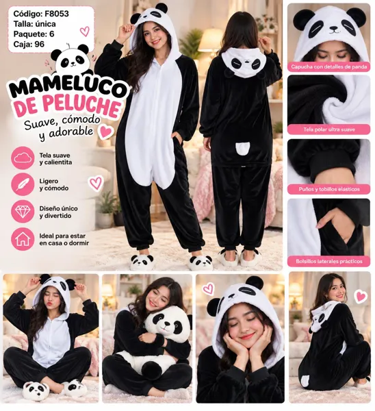 Mameluco de peluche de panda con capucha para adulto