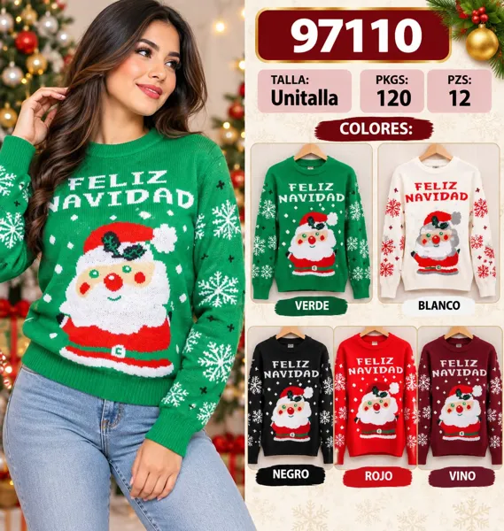 Suéter navideño tejido con Santa Claus y Feliz Navidad para mujer