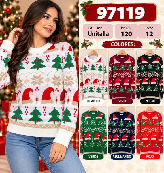 Suéter navideño tejido con árboles y gorros de Santa para mujer