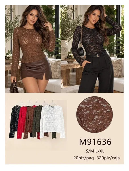 Blusa de encaje manga larga cuello redondo para mujer