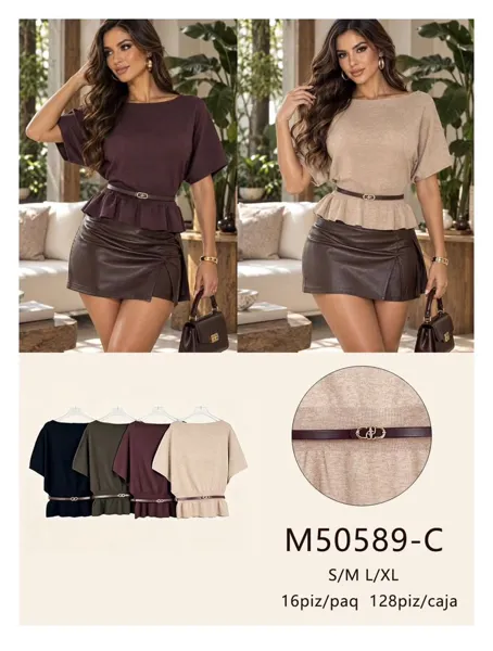 Blusa de punto manga corta con peplum y cinturón para mujer