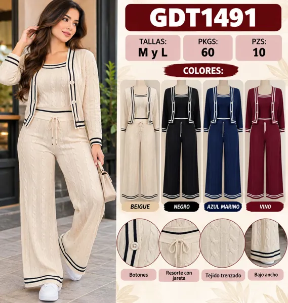 Conjunto tejido de tres piezas: cárdigan, top y pantalón ancho para mujer