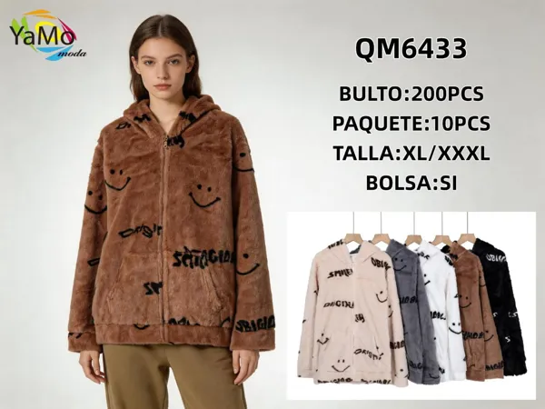 Chaqueta de peluche con capucha y estampado de caritas para mujer