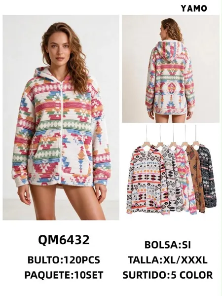 Chaqueta polar con capucha y estampado étnico azteca para mujer