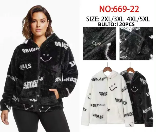 Chaqueta de peluche con capucha y estampado de caritas talla extra para mujer