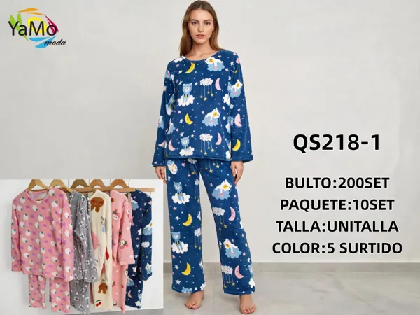 Pijama de dos piezas de felpa estampado de ositos y lunas para mujer