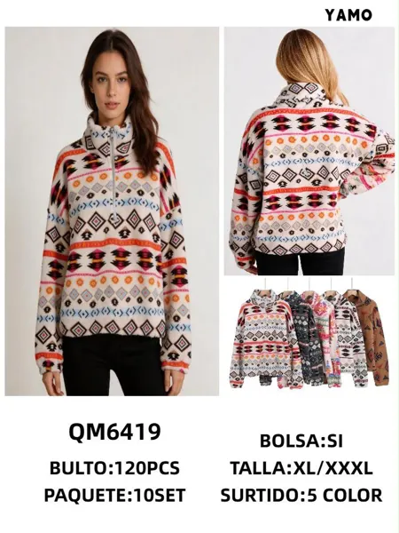 Sudadera polar de medio cierre con estampado étnico para mujer