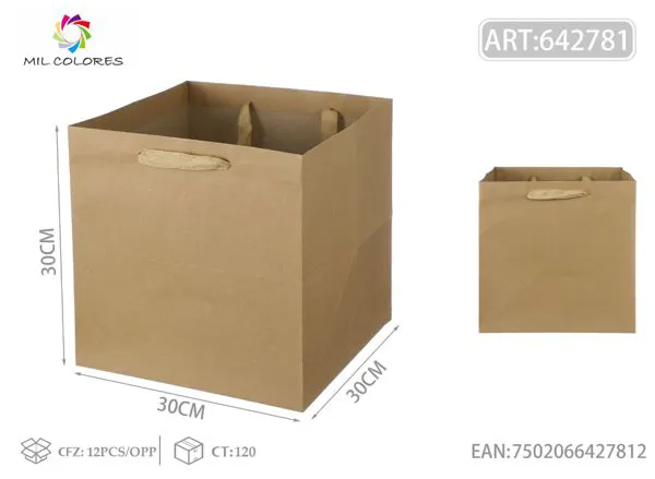 Bolsa de regalo cuadrada de papel kraft con asas 30x30x30 cm
