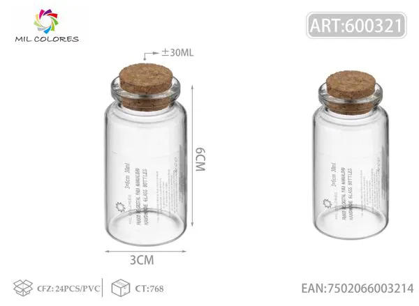 Botella de vidrio de los deseos con tapón de corcho 3x6 cm 30 ml
