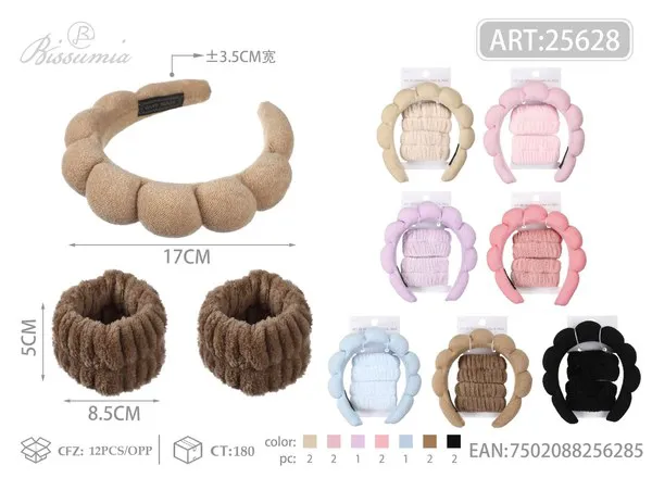 Set de diadema esponjosa y muñequeras para lavarse la cara, 3 piezas