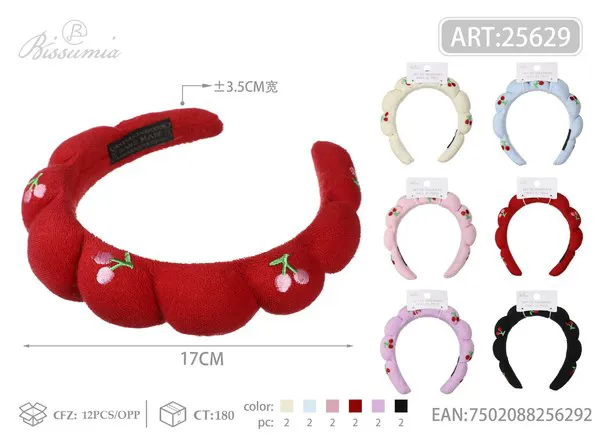 Diadema esponjosa de toalla con cerezas bordadas para lavarse la cara 3.5 cm