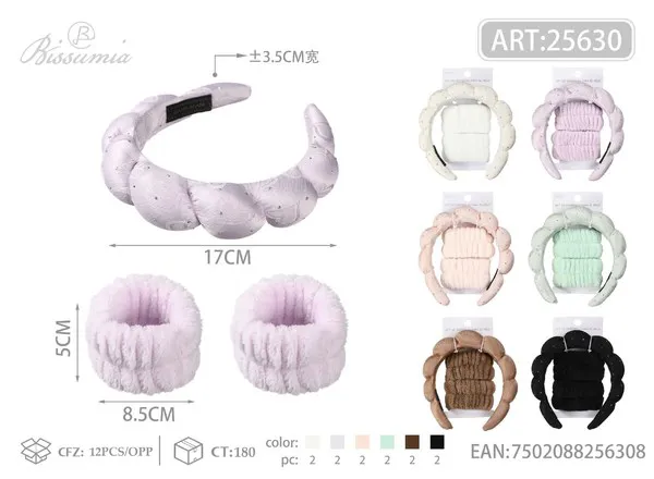 Set de diadema satinada con strass y muñequeras para lavarse la cara, 3 pzs
