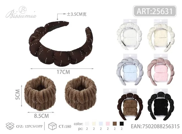Set de diadema acolchada con líneas de strass y muñequeras de felpa, 3 piezas