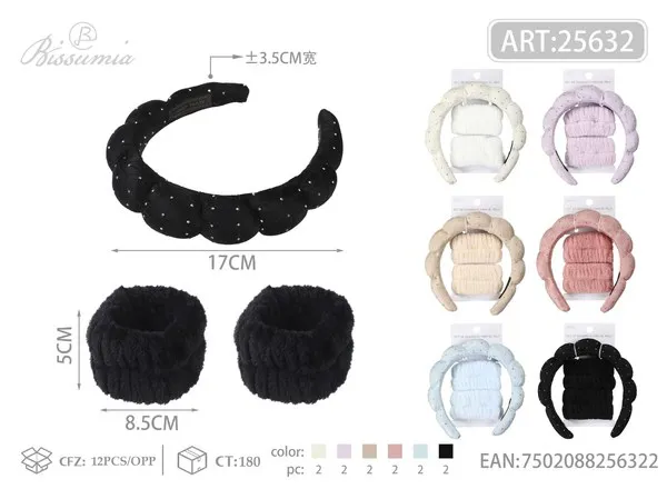 Set de diadema de felpa con puntos de strass y muñequeras, 3 piezas