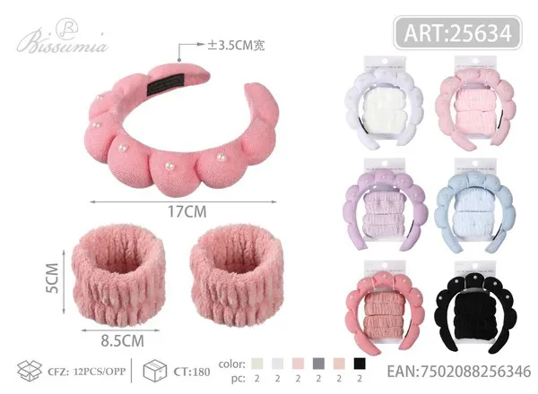 Set de diadema esponjosa con perlas y muñequeras para lavarse la cara, 3 piezas