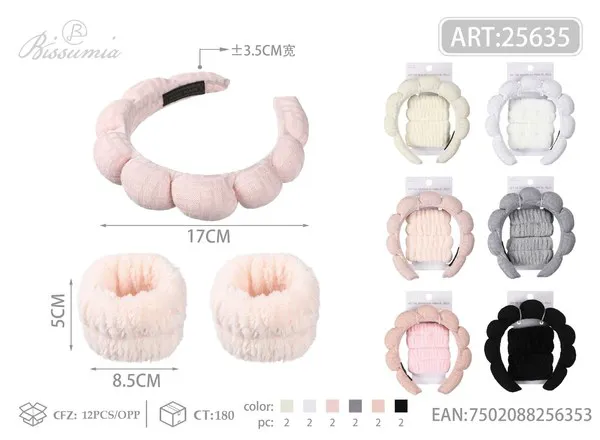 Set de diadema esponjosa de tela texturizada y muñequeras de felpa, 3 piezas