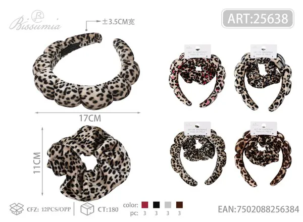 Set de diadema acolchada y scrunchie de terciopelo de leopardo, 2 piezas
