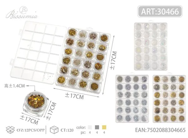 Estuche de glitter para uñas 24 compartimentos tonos dorado y plata