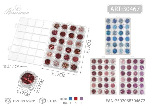 Estuche de glitter para uñas 24 compartimentos tonos azul, rojo y morado