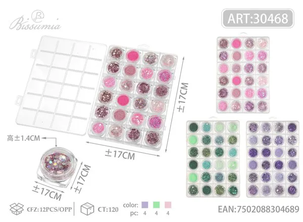 Estuche de glitter para uñas 24 compartimentos tonos rosa, verde y lila