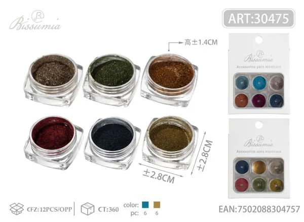 Set de polvo de glitter metálico para uñas 6 frascos tonos intensos
