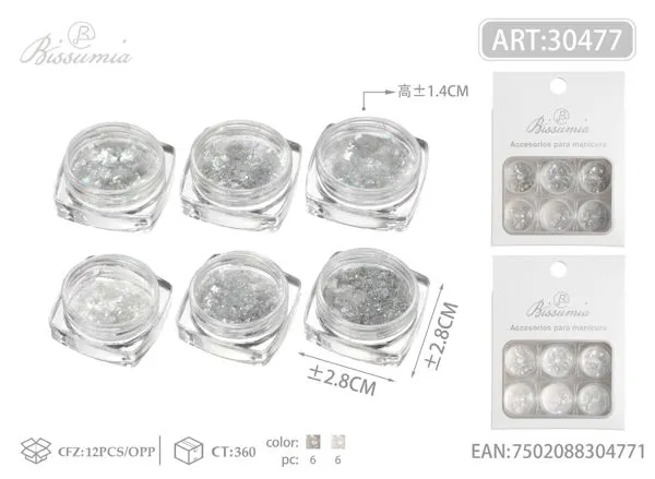 Set de escamas holográficas plateadas para uñas 6 frascos