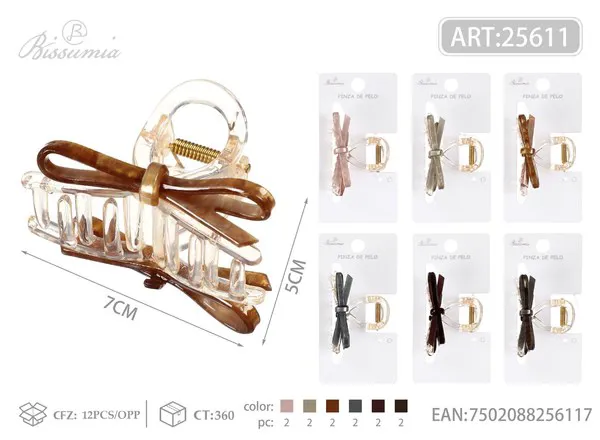 Pinza tipo garra transparente con moño delgado de acrílico 7 cm