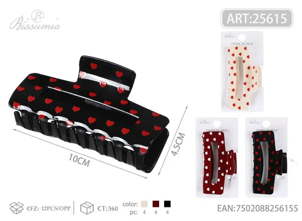 Pinza tipo garra rectangular con estampado de corazones 10 cm
