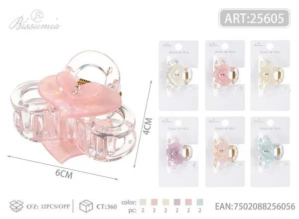 Pinza tipo garra transparente con corazón tornasol y brillantes 6 cm