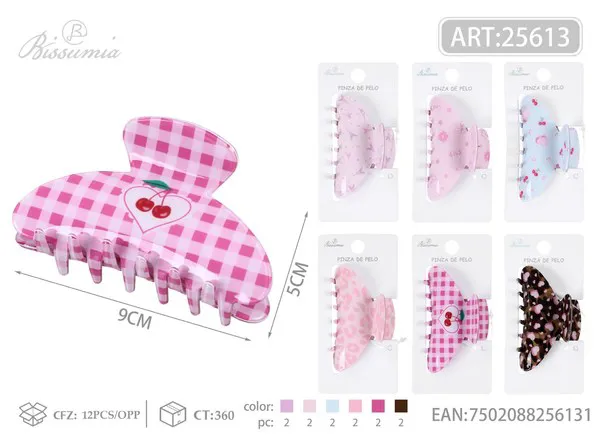 Pinza de cabello tipo garra estampada con cerezas y cuadros 9 cm