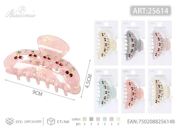 Pinza de cabello tipo garra iridiscente con cerezas de cristal 9 cm