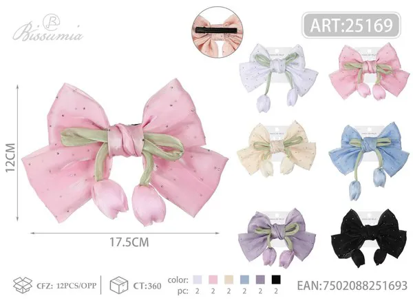 Moño para el cabello de organza con tulipanes y brillos 17.5 cm
