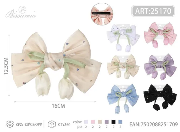 Moño para el cabello de organza con tulipanes y corazones brillantes 16 cm