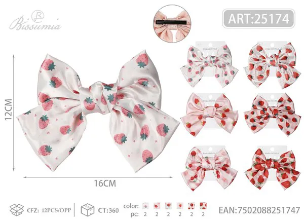 Moño para el cabello satinado con estampado de fresas 16 cm