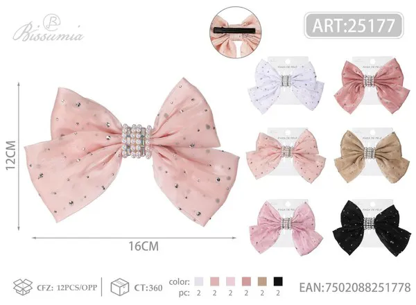 Moño para el cabello de organza con brillos y centro de perlas 16 cm
