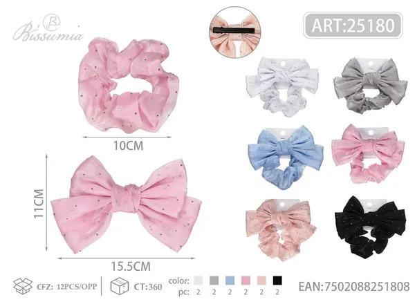 Set de moño de organza con brillos 15.5 cm y scrunchie a juego