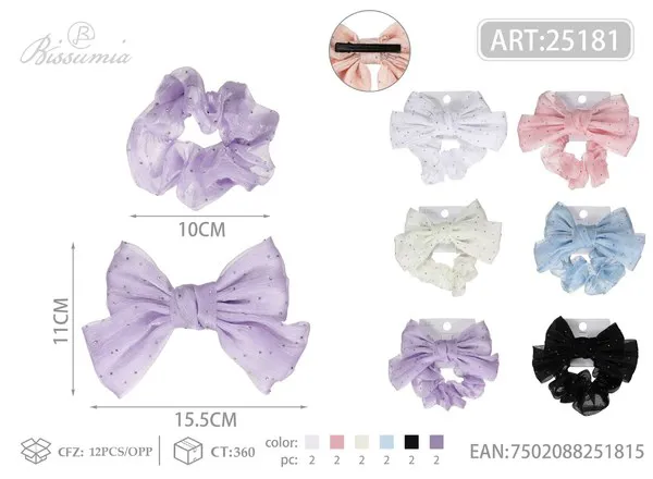 Set de moño de gasa con brillos 15.5 cm y scrunchie a juego tonos pastel