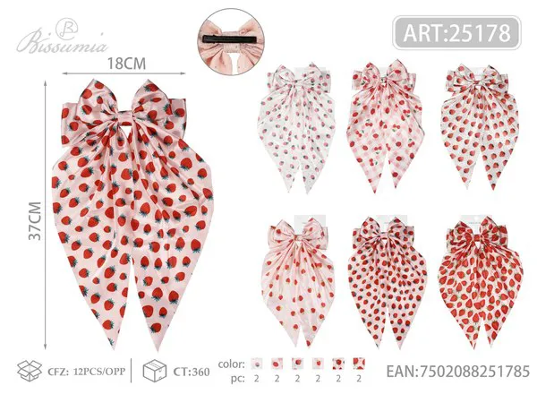 Moño para el cabello con cola larga y estampado de fresas 37 cm