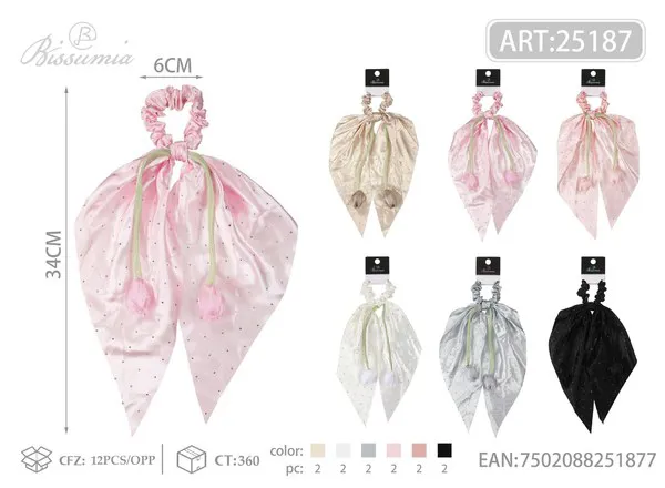Scrunchie satinado con pañuelo largo, brillos y tulipanes 34 cm