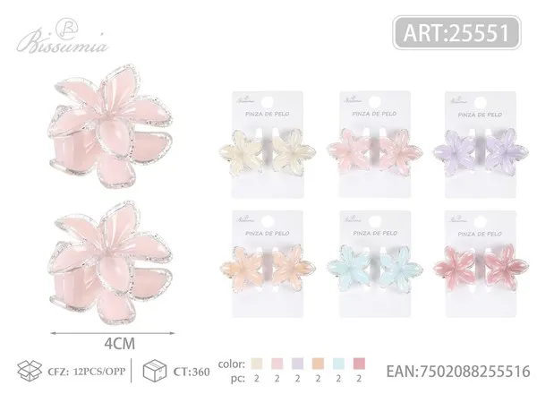 Mini pinzas de cabello flor de plumeria con borde brillante 4 cm, 2 piezas