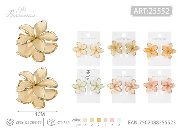 Mini pinzas de cabello flor de plumeria con borde dorado 4 cm, 2 piezas
